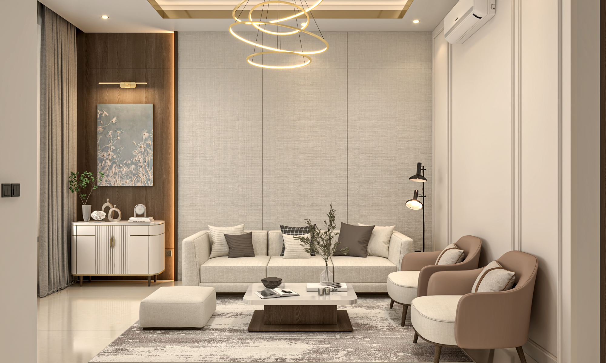 Render 3D ruang tamu dengan sofa krem, kursi cokelat, dan lampu gantung emas
