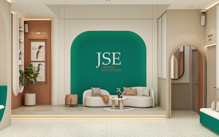 Render 3D ruang tunggu klinik Jakarta Skin Express dengan sofa dan dinding hijau