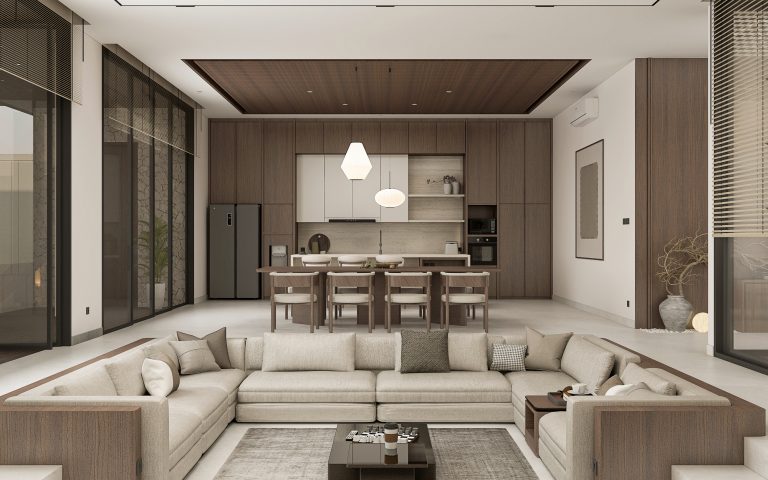 Render 3D ruang keluarga dengan sofa sectional abu-abu dan dapur terbuka