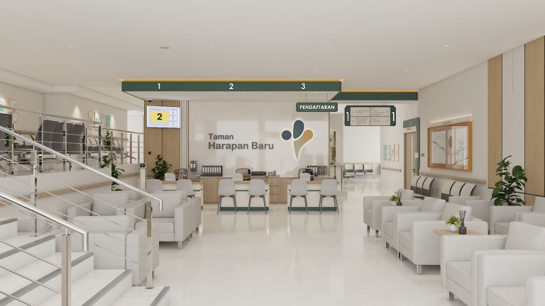 Render 3D lobi klinik Taman Harapan Baru dengan loket dan ruang tunggu