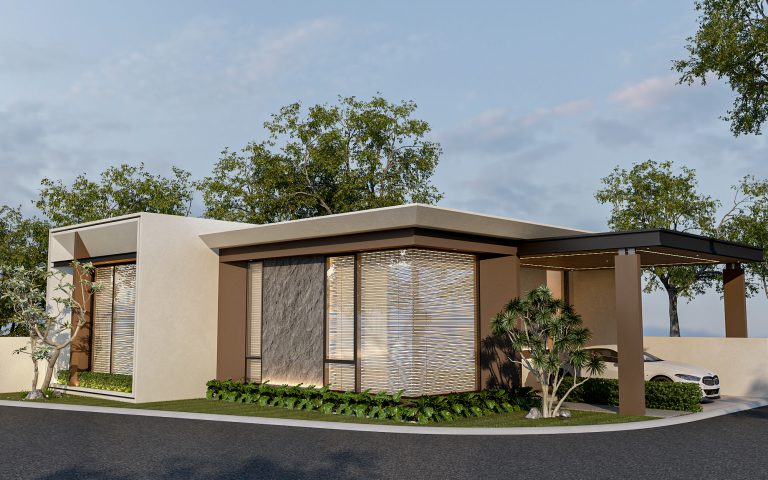 Rumah modern satu lantai beratap datar dengan taman tropis, desain arsitektur Lagio