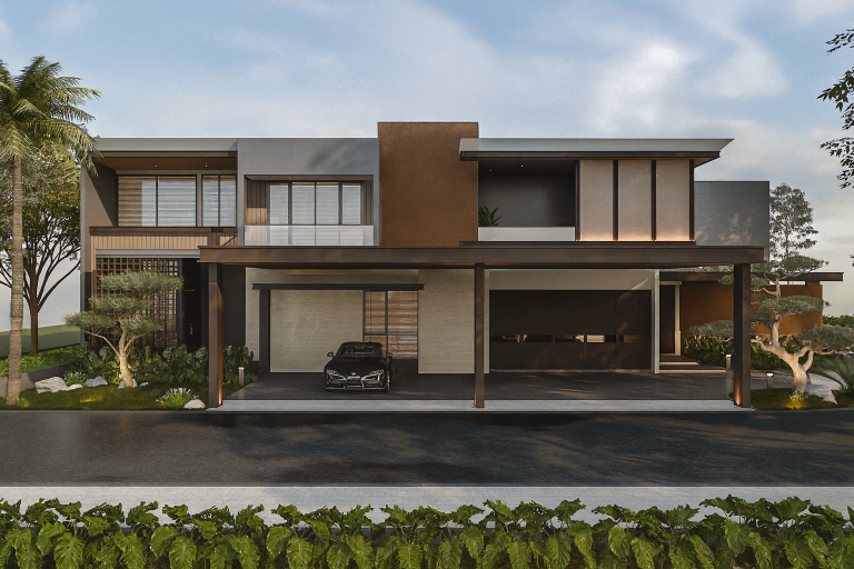 Fasad rumah modern dua lantai dengan carport luas dan taman bonsai, desain arsitektur Lagio