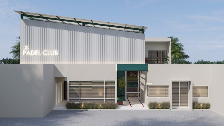 Fasad bangunan Padel Club dengan atap miring dan dinding putih, desain arsitektur Lagio