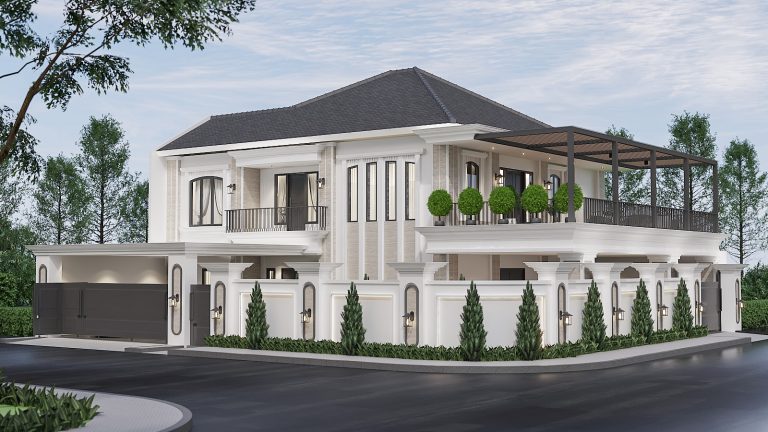 Rumah klasik modern dua lantai bercat putih dengan balkon dan pagar, desain arsitektur Lagio