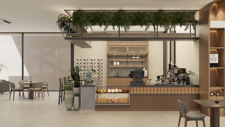 Render 3D area kafe dengan bar kopi, tanaman gantung, dan meja bistro