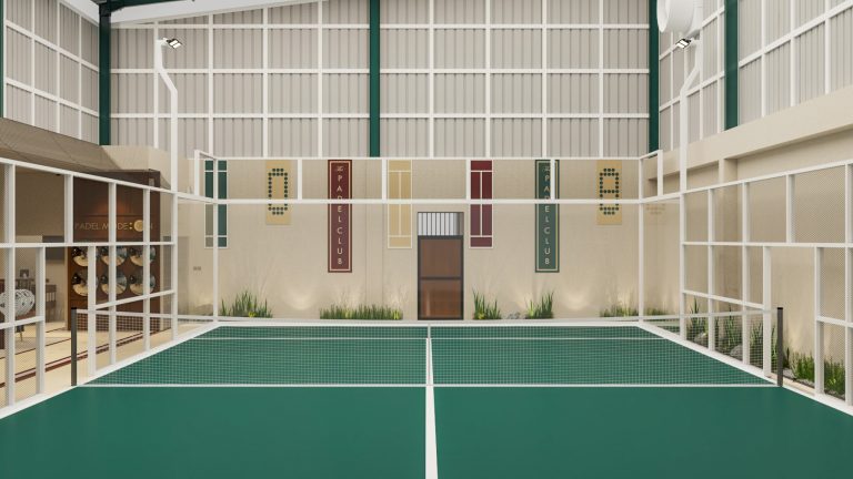 Render 3D lapangan padel dalam ruangan dengan dinding bernuansa Asia