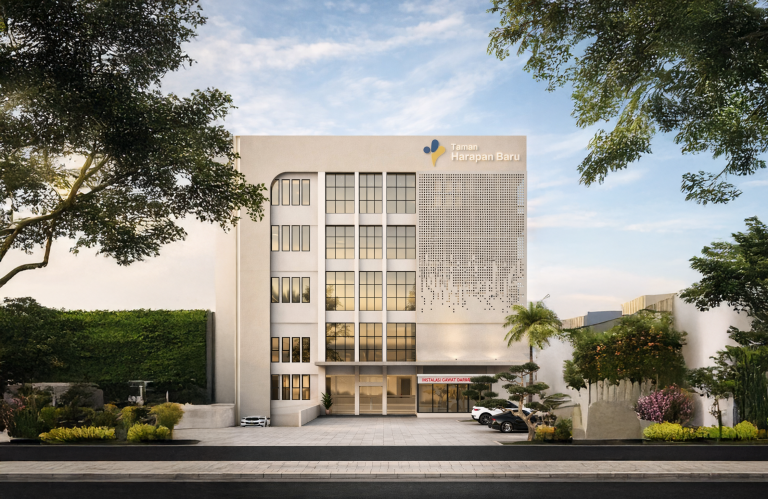 Fasad gedung bertingkat dengan panel dekoratif perforasi dan pepohonan, desain arsitektur Lagio