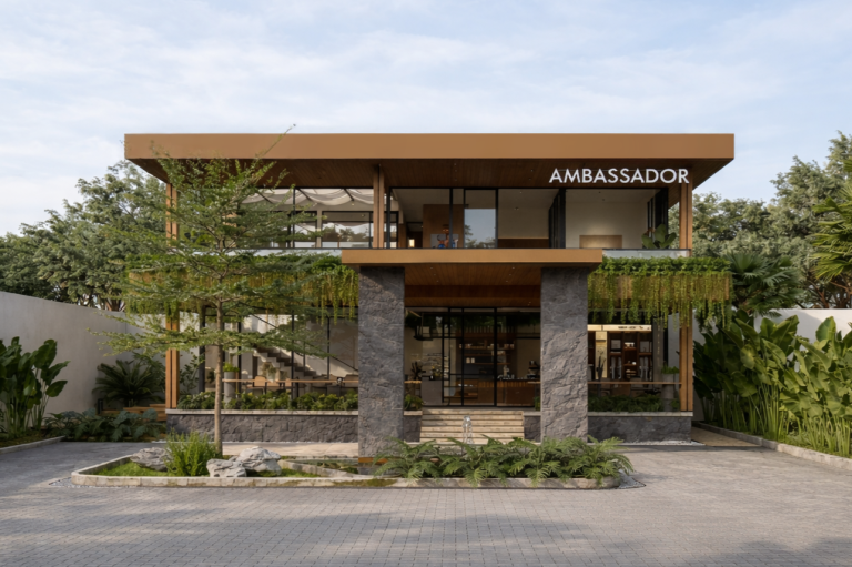 Fasad bangunan komersial Ambassador dengan kanopi kayu dan dinding batu alam, desain arsitektur Lagio