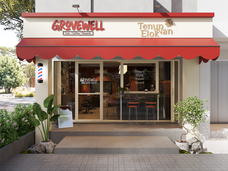 Render 3D kafe Grovewell dengan kanopi merah dan area barber