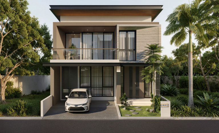 Fasad rumah modern dua lantai dengan carport dan pohon palem, desain arsitektur Lagio