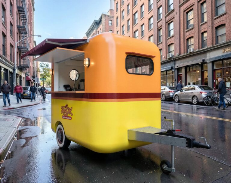 Render 3D food truck kuning-oranye di jalan kota