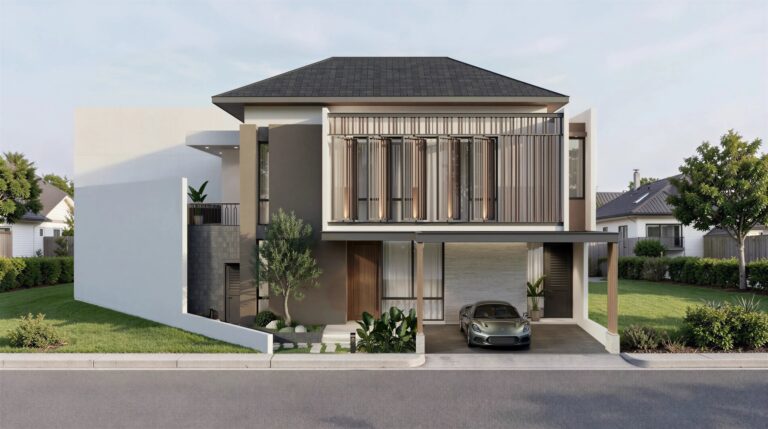 Fasad rumah modern dua lantai dengan kisi kayu vertikal dan carport, desain arsitektur Lagio