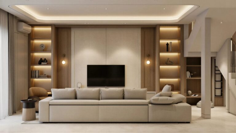 Render 3D ruang keluarga dengan sofa krem, dinding TV berlampu, dan rak display kayu