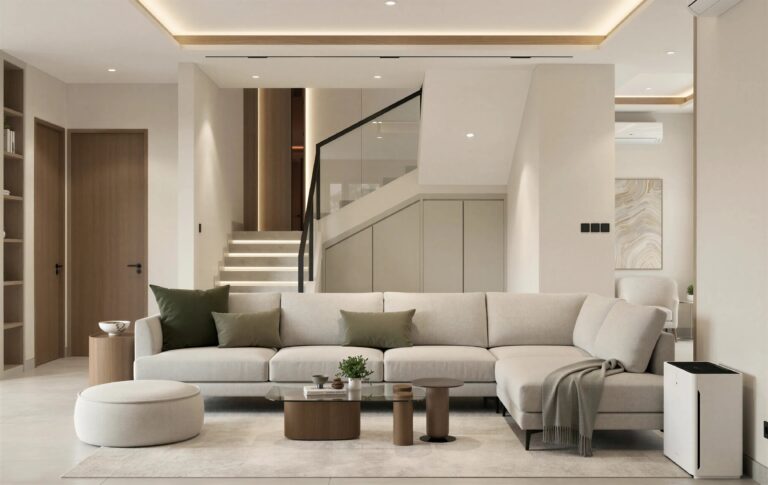 Render 3D ruang keluarga dengan sofa sectional krem, tangga, dan plafon berlampu