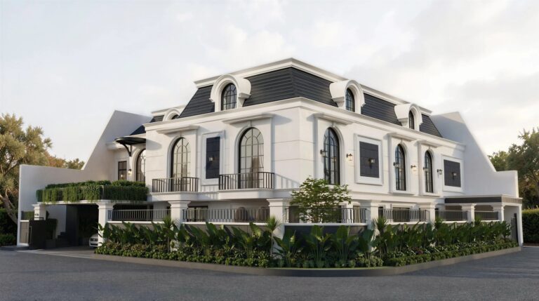 Rumah klasik dua lantai bercat putih dengan jendela lengkung dan taman depan, desain arsitektur Lagio