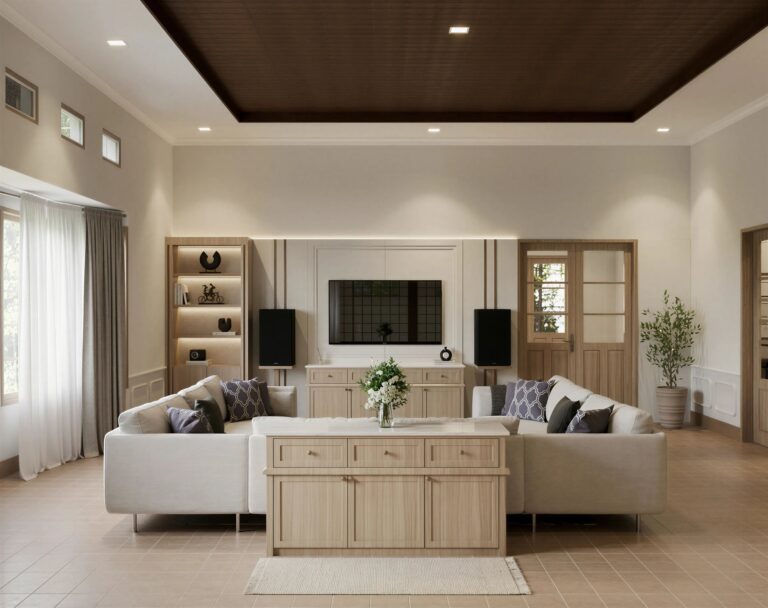 Render 3D ruang keluarga klasik modern dengan sofa krem, rak TV, dan plafon kayu