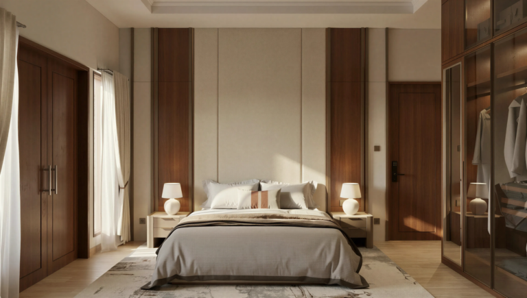 Render 3D kamar tidur dengan lemari kayu, headboard krem, dan nakas berlampu