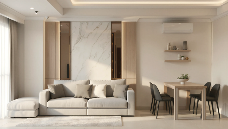 Render 3D ruang tamu dengan sofa putih, dinding marmer, dan meja makan