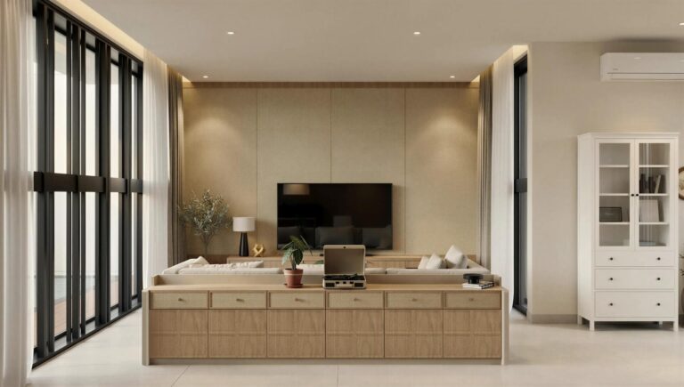 Render 3D ruang keluarga dengan jendela kaca hitam, dinding TV, dan kabinet kayu