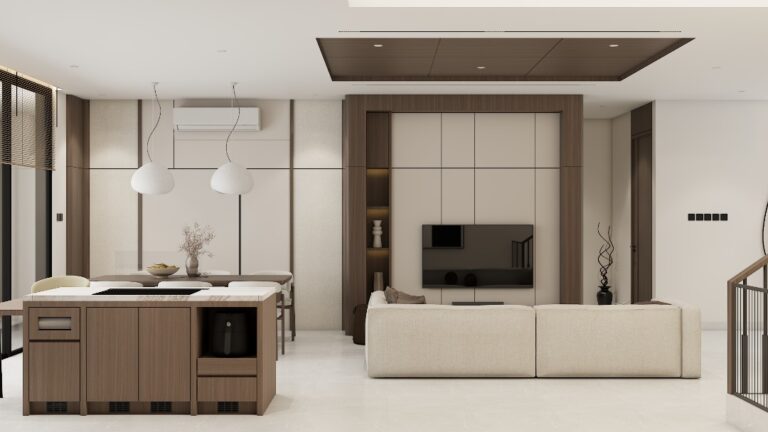 Render 3D ruang keluarga dan dapur terbuka dengan sofa krem dan kitchen island kayu